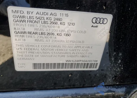 2016 Audi Q5 Premium Plus from USA, damaged, VIN WA1L2AFP3GA089708